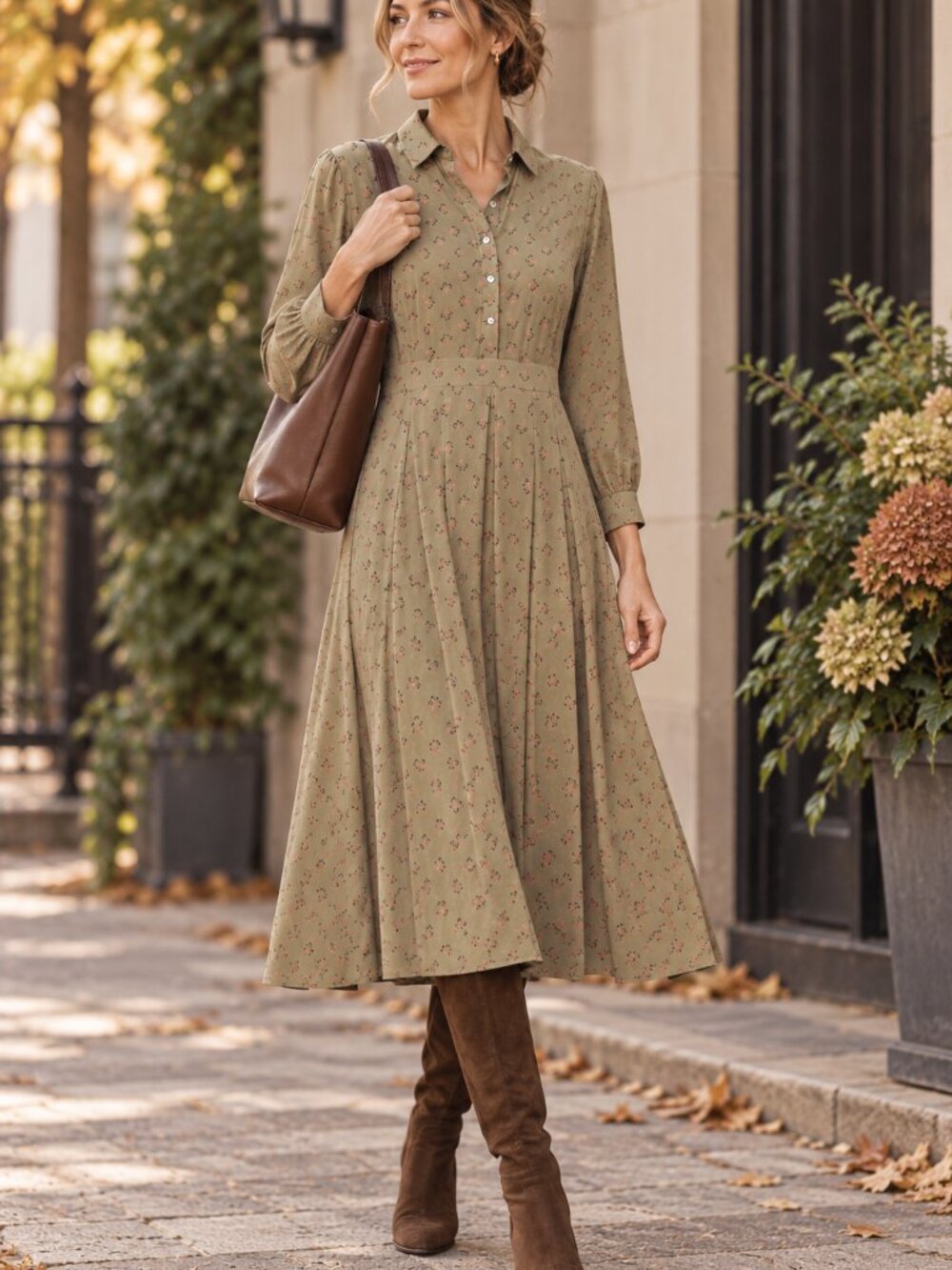 Sundance 100% Silk Shirt Dress Women's 10 Olive Floral Print Pleated Skirt Boho